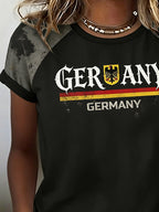 Women's Casual Retro Distressed Germany National Team Football Fan T-Shirt – Short Sleeve with Contrast Trim