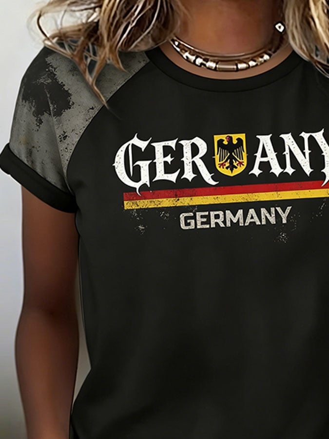 Women's Casual Retro Distressed Germany National Team Football Fan T-Shirt – Short Sleeve with Contrast Trim