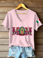 Women's Floral Virgin of Mexico Our Lady of Guadalupe Mexican Flag Short Sleeves T-shirt