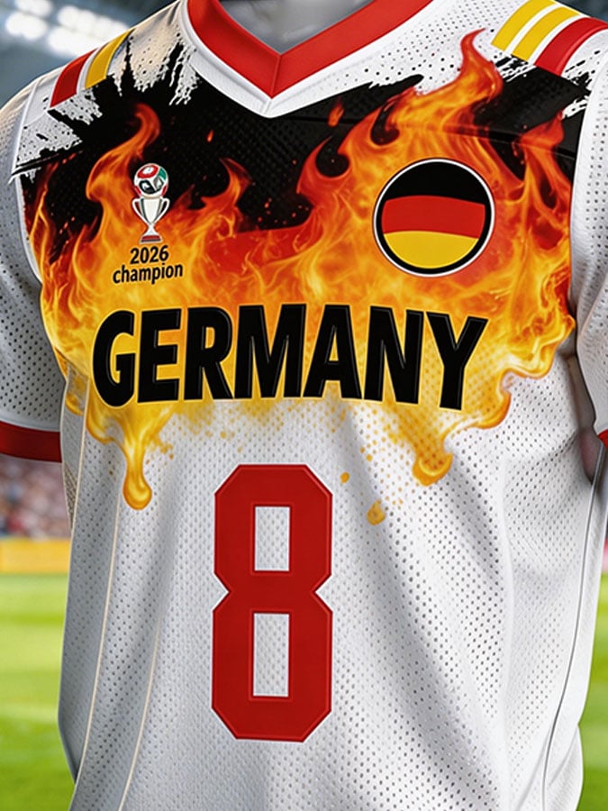 Men's Germany National Team Fan Soccer Jersey: Color-Block, Flame-Patterned, Short-Sleeve T-Shirt (No. 8)