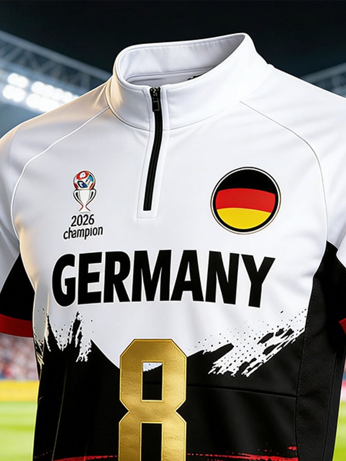 Men's Germany National Team Fan Soccer Jersey — #8 Short-Sleeve T-Shirt with Color-Block Paneling, Semi-High Collar, and Half-Zip Front