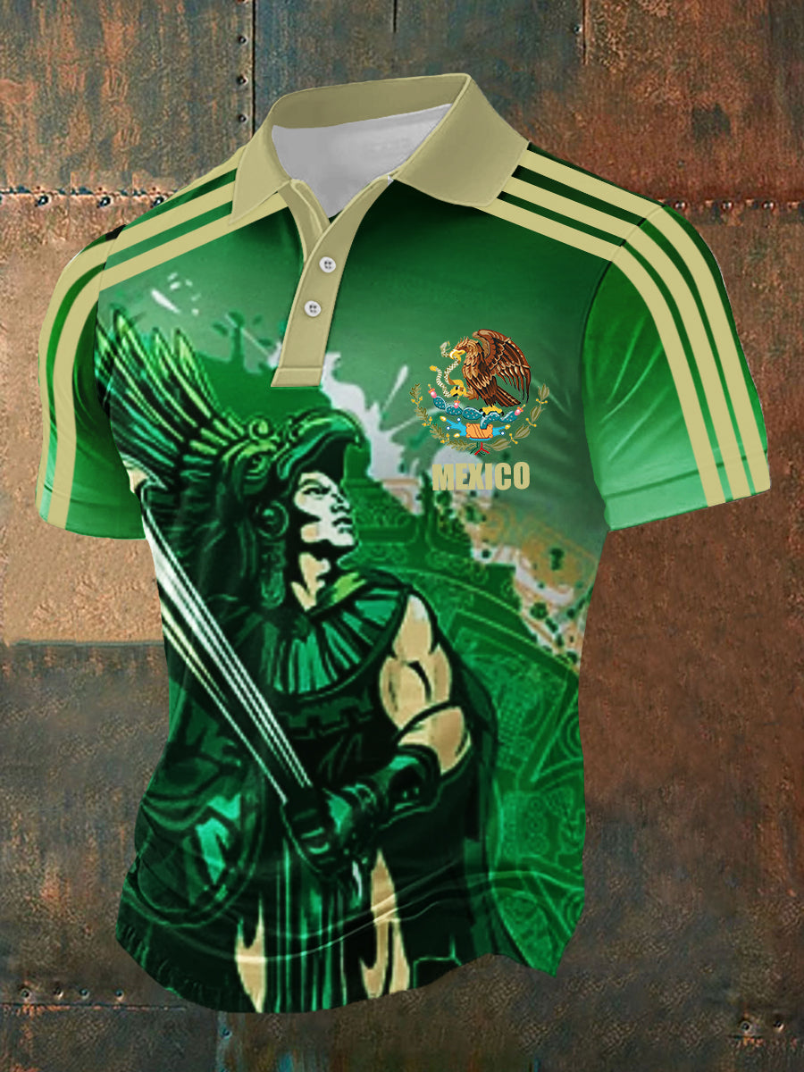 Men's Mexican Culture Aztec Design Short Sleeve POLO Sports Casual Shirt