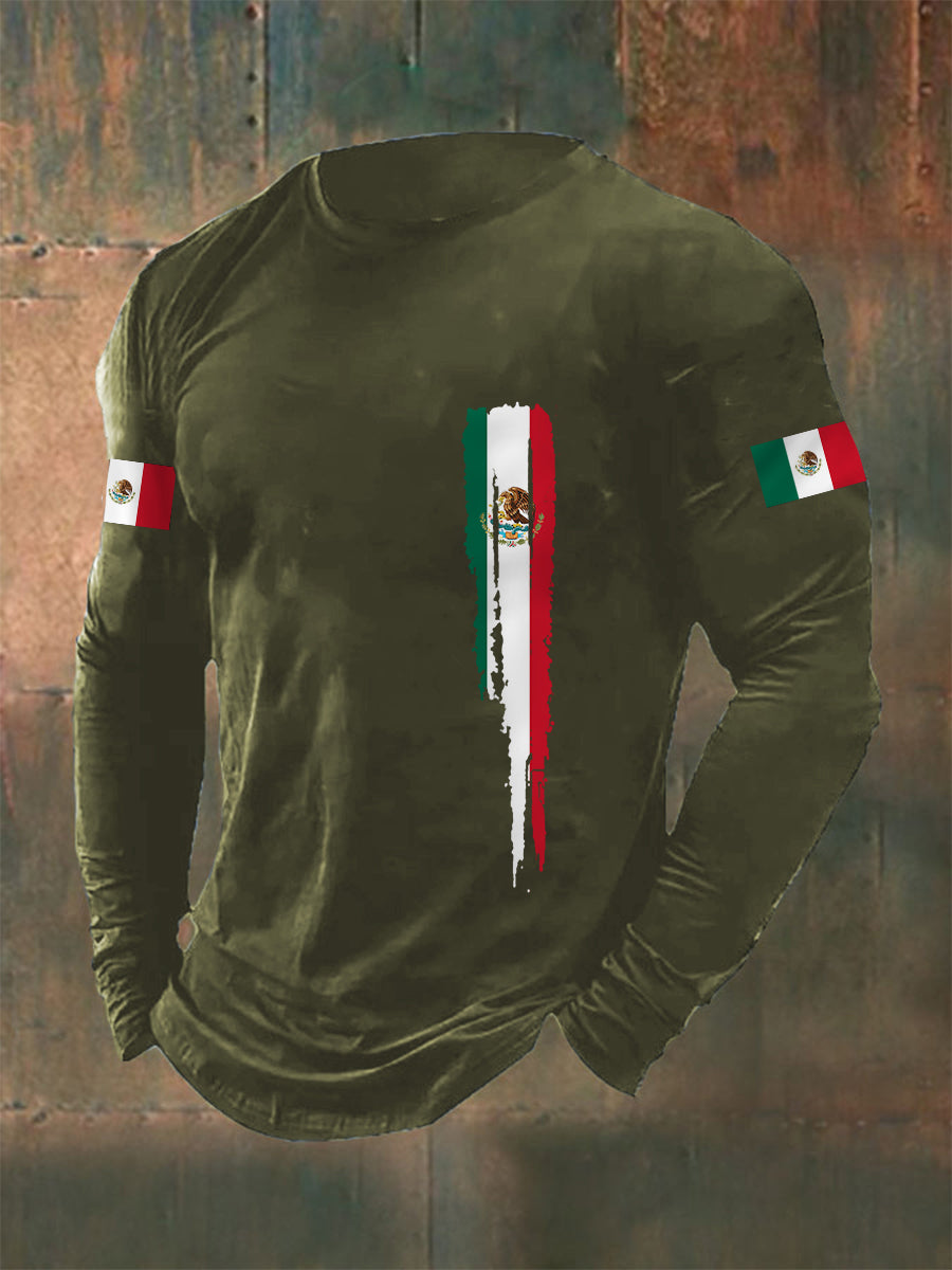 Men's Mexican Flag Print Casual Long-Sleeve T-Shirt