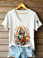 Women's Floral Virgin of Mexico Our Lady of Guadalupe Mexican Flag Short Sleeves T-shirt