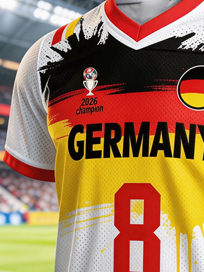 Men's Germany National Team Fan T-Shirt: Color-Block Spliced Short-Sleeve Top with "8" Jersey Number