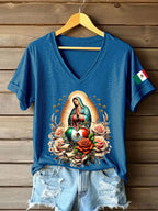 Women's Floral Virgin of Mexico Our Lady of Guadalupe Mexican Flag Short Sleeves T-shirt