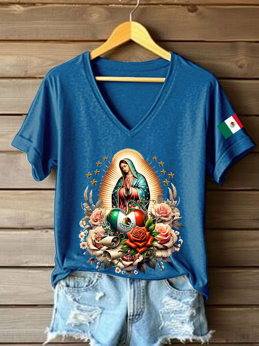 Women's Floral Virgin of Mexico Our Lady of Guadalupe Mexican Flag Short Sleeves T-shirt