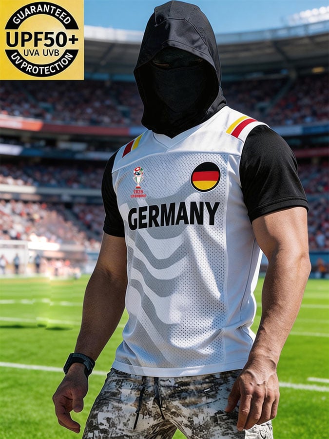 Men's Color-Block Spliced Short-Sleeve T-Shirt with Breathable "Ice Silk" Sun-Protection Face Mask — Germany National Team Fan Soccer Jersey Style