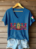 Women's Floral Virgin of Mexico Our Lady of Guadalupe Mexican Flag Short Sleeves T-shirt