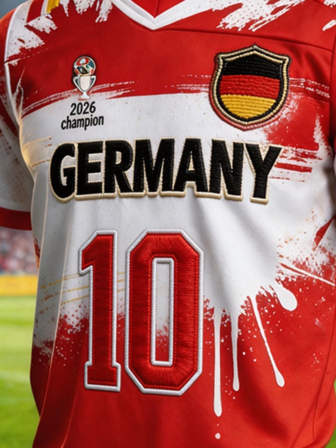 Men's Color-Block Football Jersey-Style T-Shirt — Germany Team Fan Edition with Printed Graphics and 10-Digit Number (Short Sleeve)