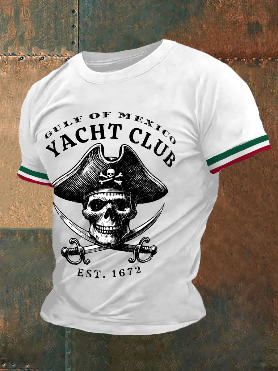 Men's Retro Pirate Historical Gulf Of Mexico Yacht Club Print Casual Tee