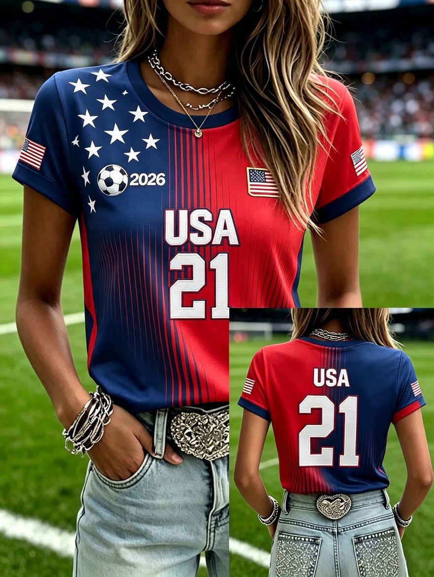 Women's Fashion US National Soccer Team Fan Round Neck Short-Sleeve T-Shirt