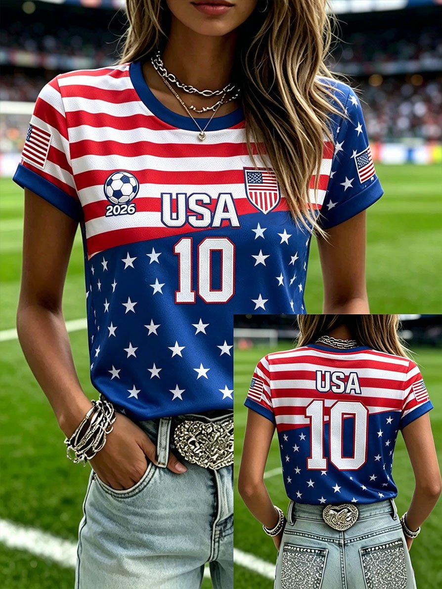 Women's Fashion US National Soccer Team Fan Round Neck Short-Sleeve T-Shirt