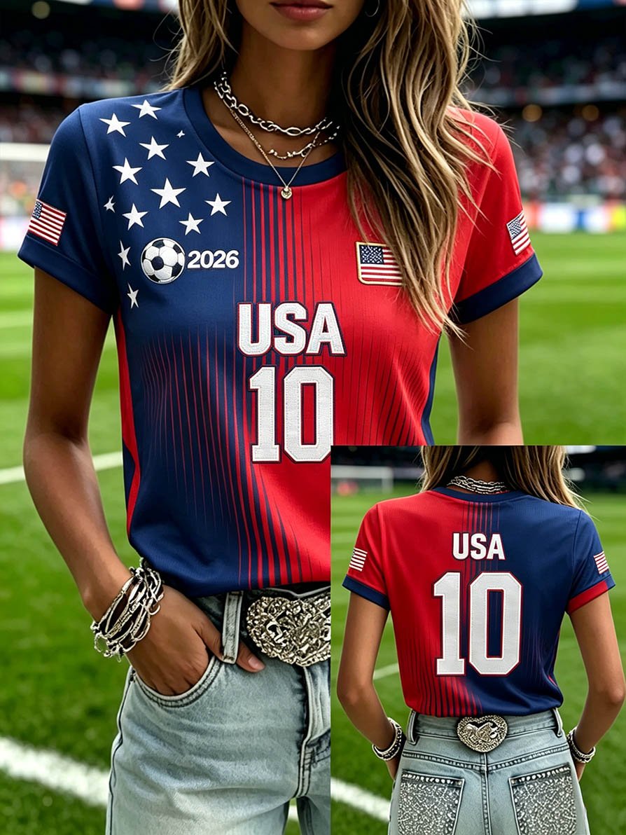 Women's Fashion US National Soccer Team Fan Round Neck Short-Sleeve T-Shirt