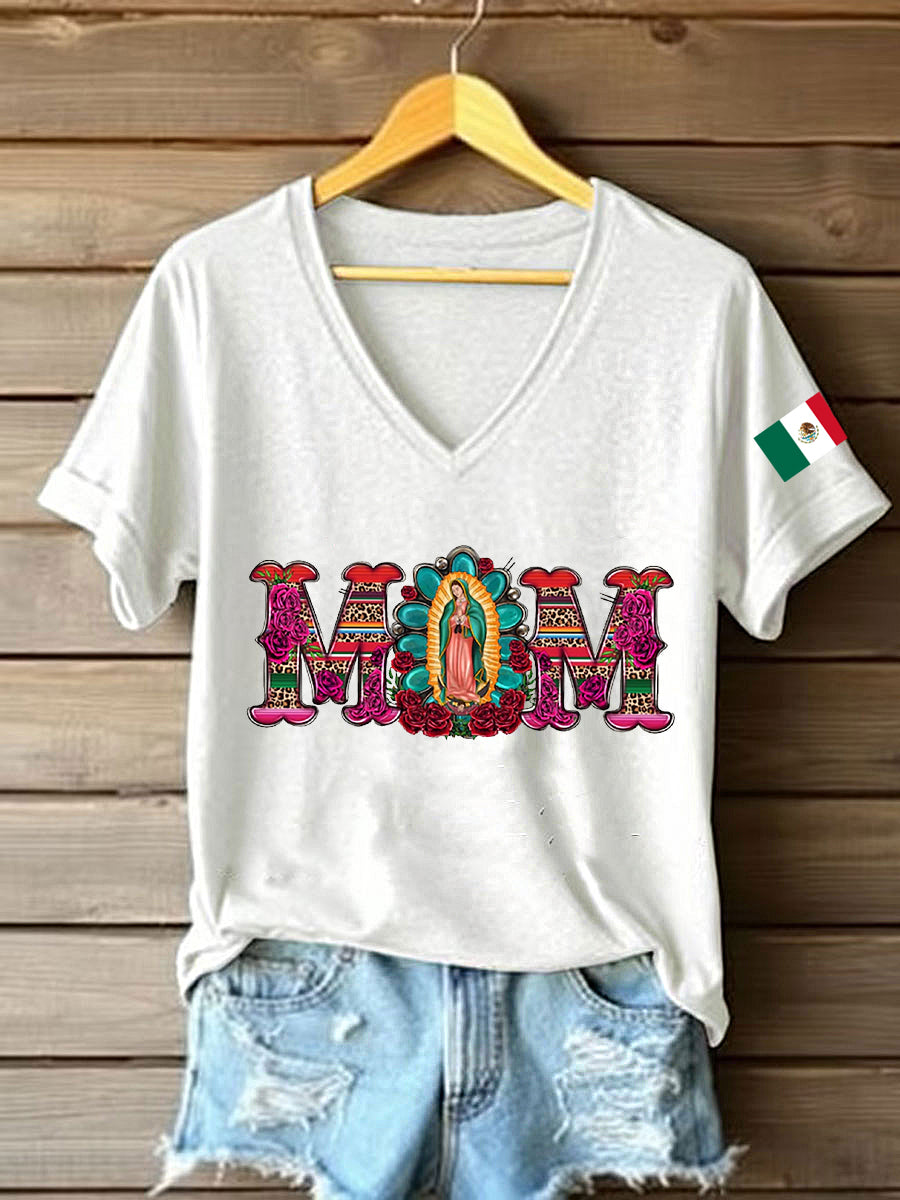 Women's Floral Virgin of Mexico Our Lady of Guadalupe Mexican Flag Short Sleeves T-shirt