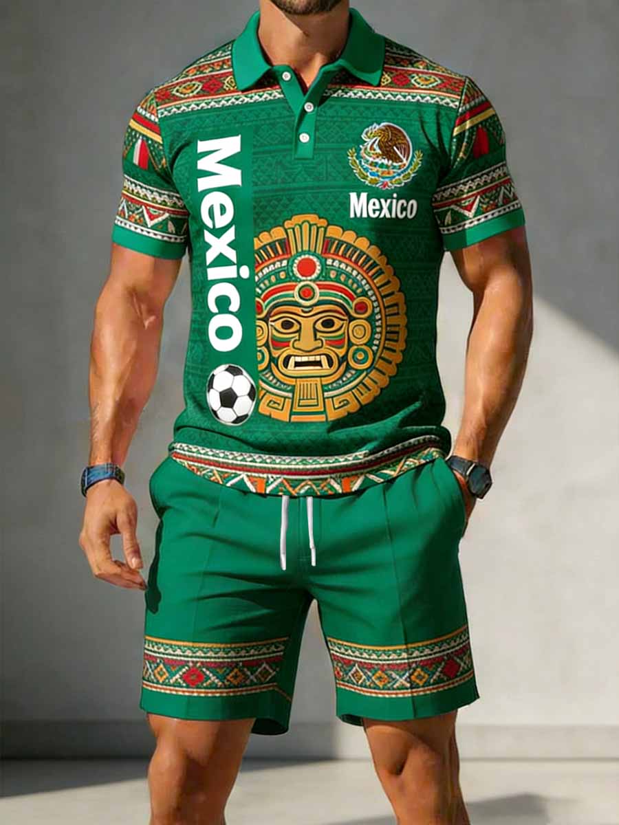 Men's Mexico World Cup Commemorative Pattern Print Casual Polo Shirt Set